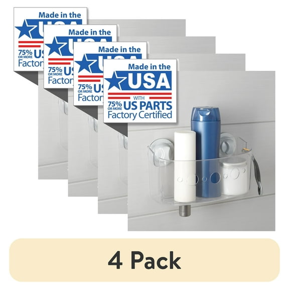 (4 pack) Clear Large Suction Shower Storage Basket, 1 Shelf, Plastic, No Tools, Mainstays Power Grip Suction