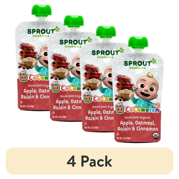 (4 pack) CoComelon Sprout Organic Baby Food, Stage 2 Pouch, Apple Oatmeal Raisin with Cinnamon, 3.5 Oz Pouch