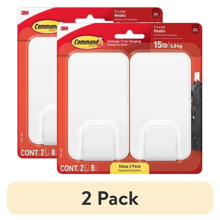 (4 pack) Command 15 Lb XL Heavyweight Wall Hook, White, Damage Free Decorating, 2 Command Hooks
