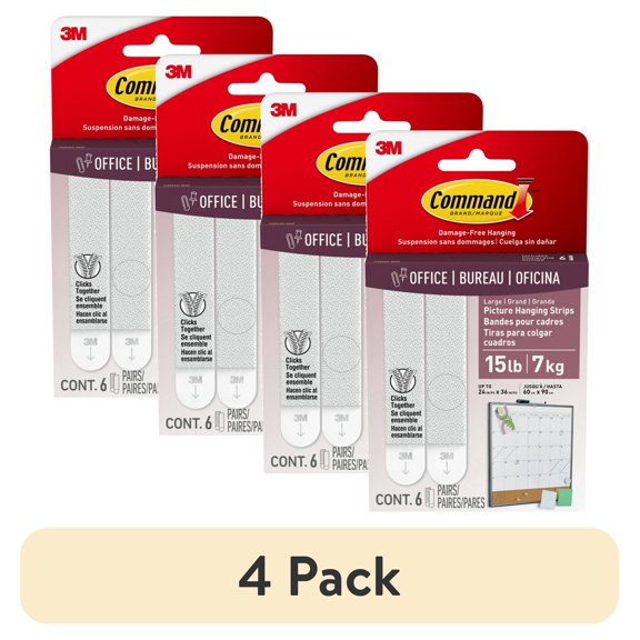 (4 pack) Command Large Picture Hangers, Holds Up to 15 Pounds, White, Damage-Free Hanging, Includes 6 Pairs of Adhesive Strips