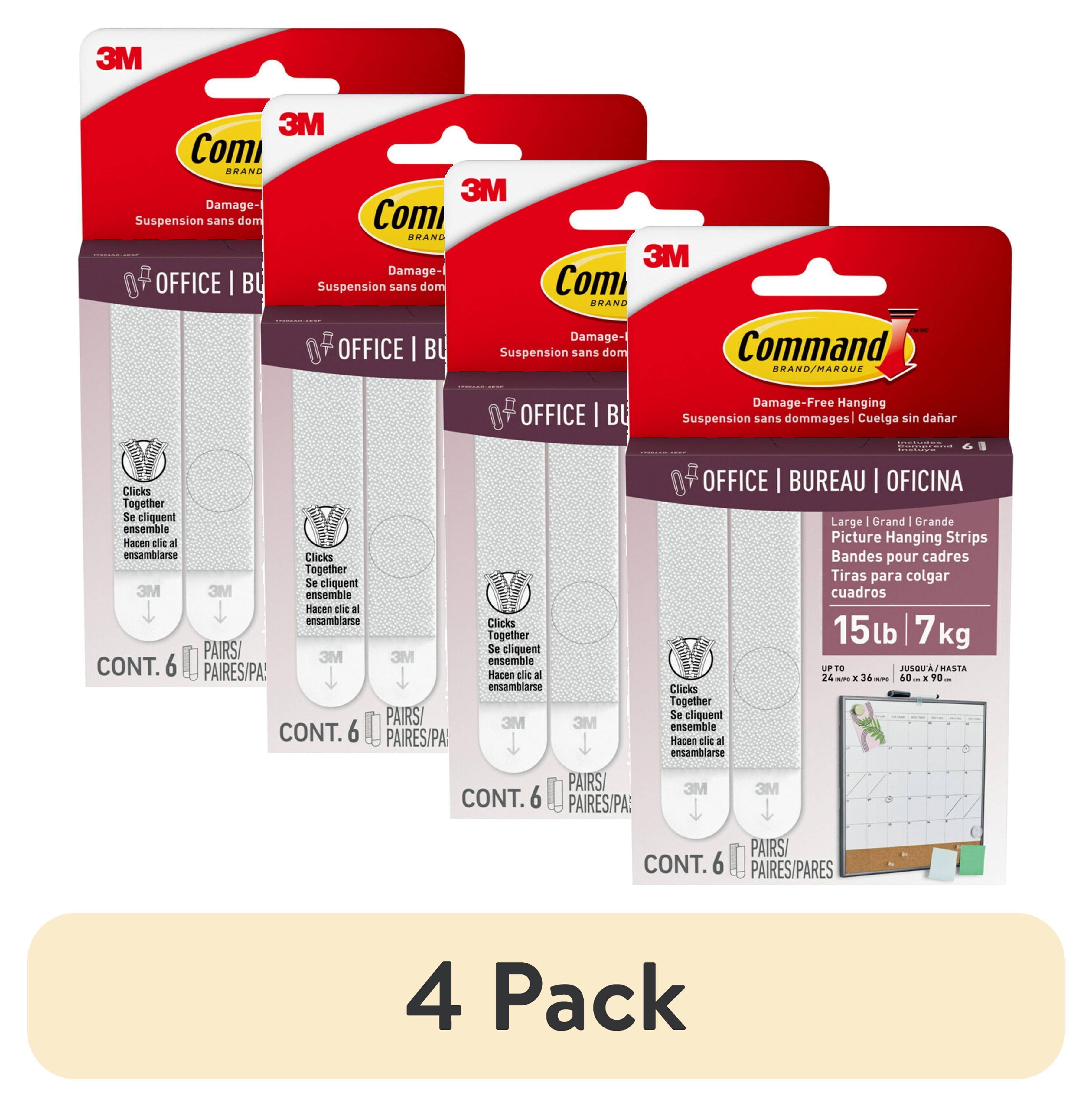 (4 pack) Command Large Picture Hangers, Holds Up to 15 Pounds, White, Damage-Free Hanging, Includes 6 Pairs of Adhesive Strips