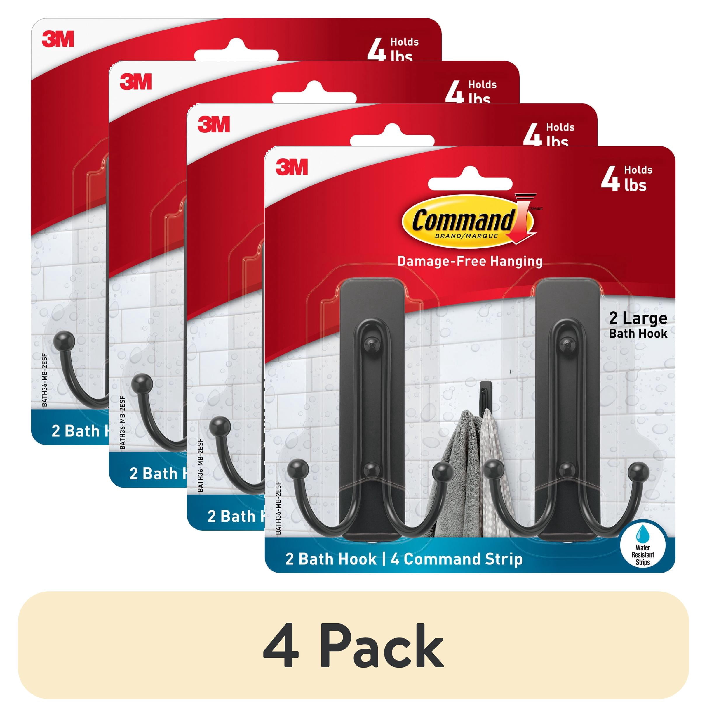 (4 pack) Command Large Double Bathroom Wall Hook, Black, Damage Free Hanging, 2 Metal Hooks