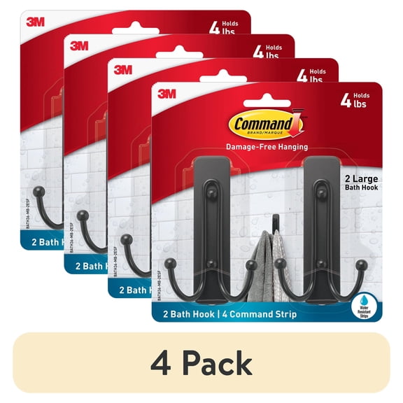 (4 pack) Command Large Double Bathroom Wall Hook, Black, Damage Free Hanging, 2 Metal Hooks