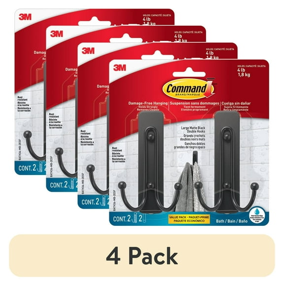 (4 pack) Command Large Double Bathroom Wall Hook, Black, Damage Free Hanging, 2 Metal Hooks