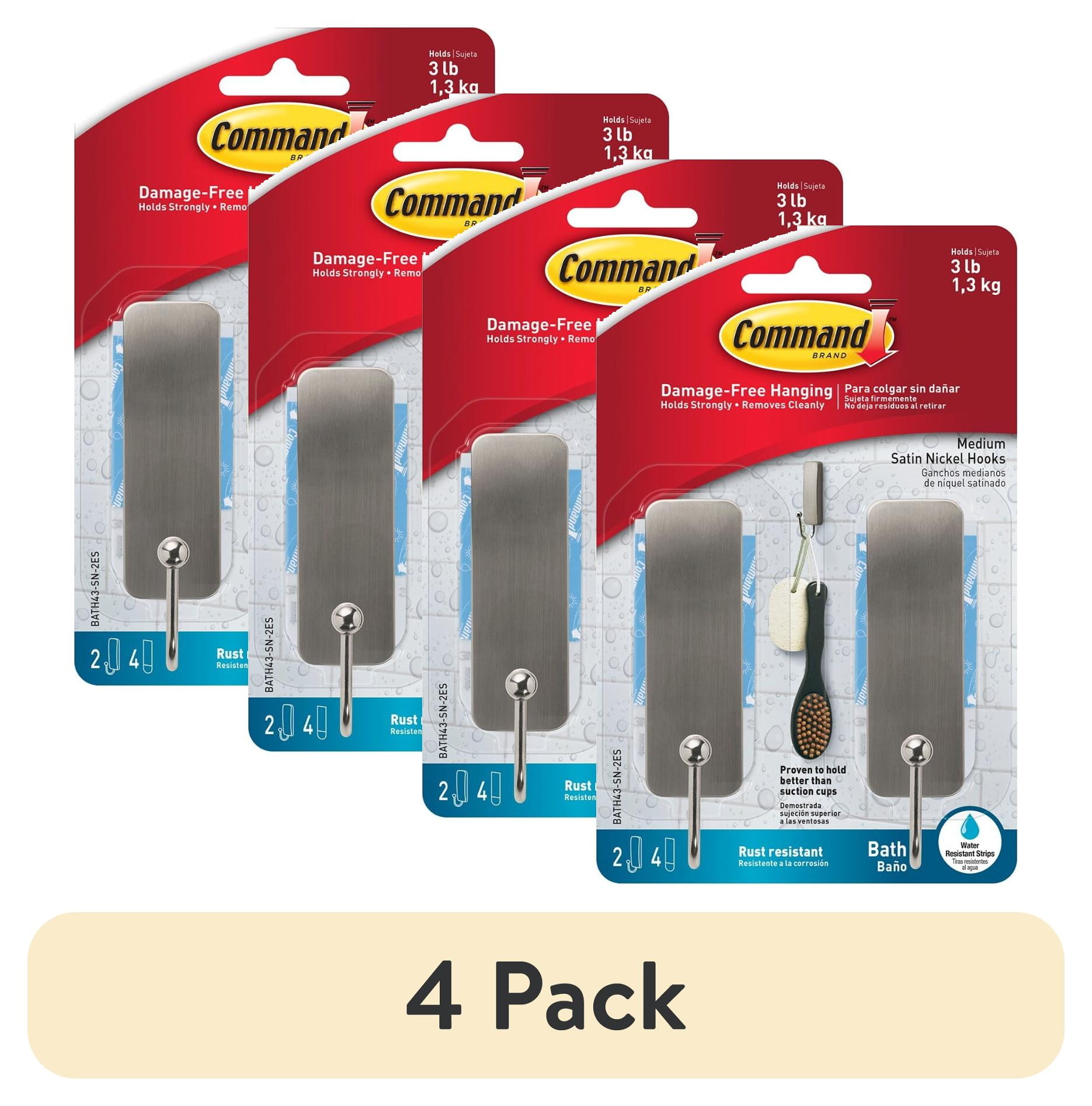 (4 pack) Command Bath Medium Hooks, Satin Nickel, 2 Wall Hooks, 4 Water Resistant Strips, Bath Organization