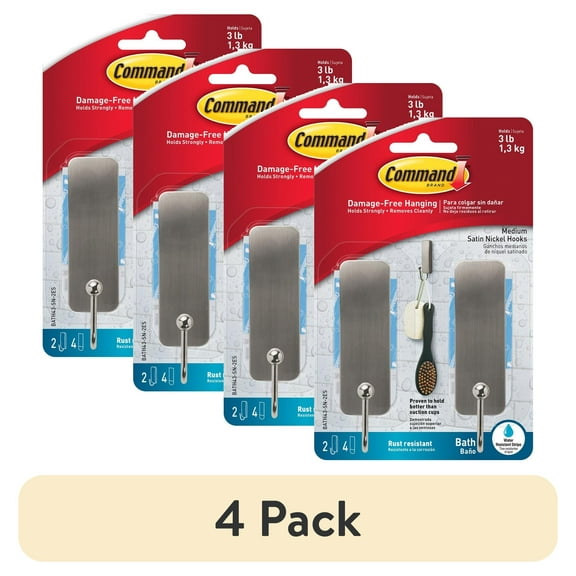 (4 pack) Command Bath Medium Hooks, Satin Nickel, 2 Wall Hooks, 4 Water Resistant Strips, Bath Organization