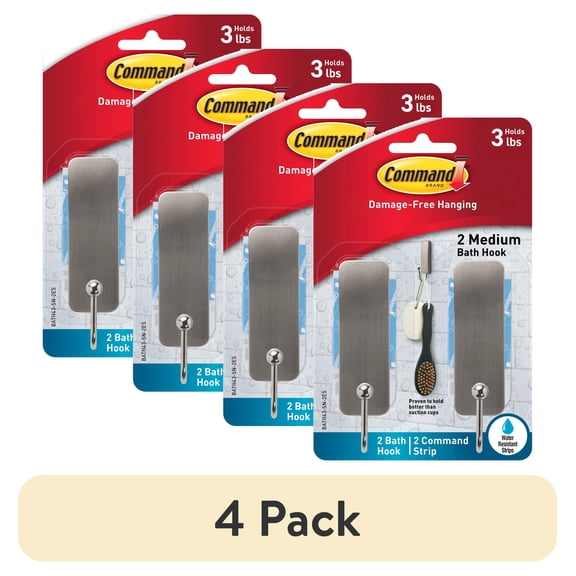 (4 pack) Command Bath Medium Hooks, Satin Nickel, 2 Wall Hooks, 4 Water Resistant Strips, Bath Organization