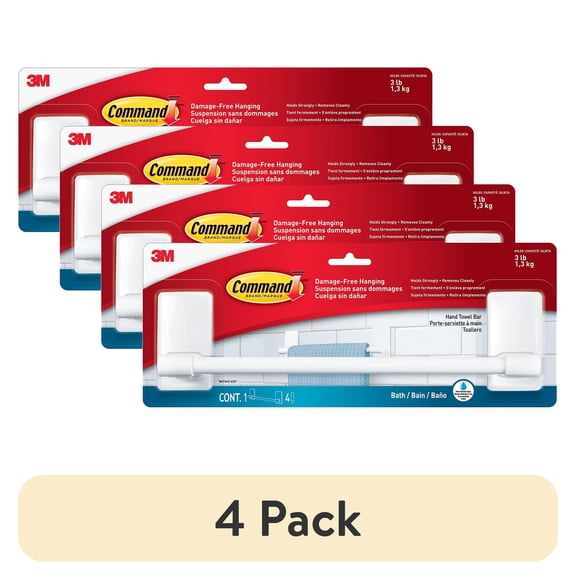 (4 pack) Command Paper Towel Holder, White, 1 Towel Bar, Holds 3 lbs, 9 in., 4 Strips, Bathroom Organization