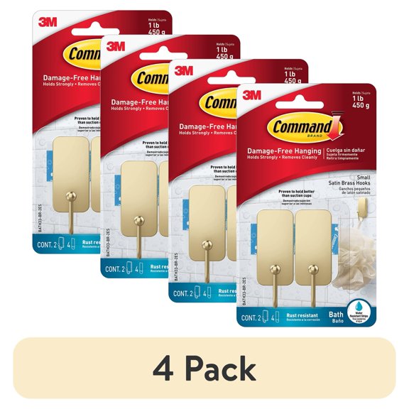 (4 pack) Command Bath Small Brass Finish Double Hook 2 Pack