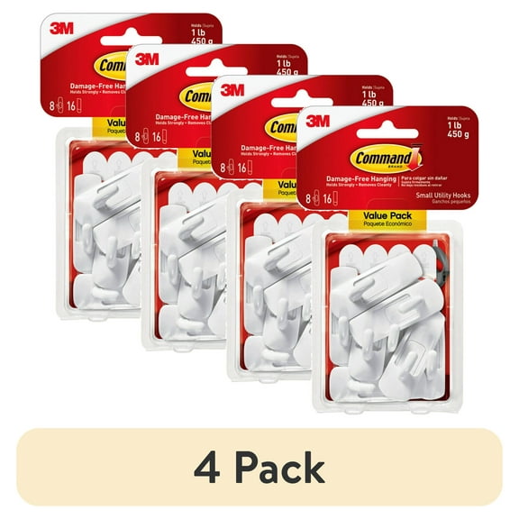 (4 pack) Command Hooks Value Pack, White, Small, 8 Wall Hooks