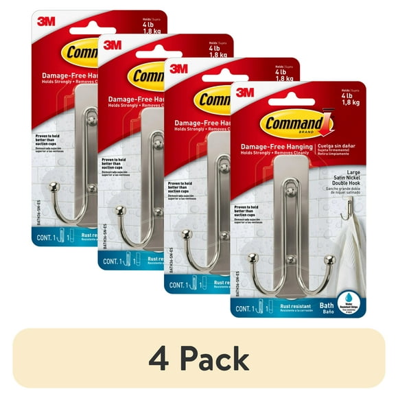 (4 pack) Command Large Double Bathroom Wall Hook, Satin Nickel, Damage Free Hanging, 1 Metal Hook