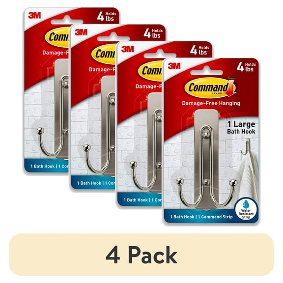 (4 pack) Command Large Double Bathroom Wall Hook, Satin Nickel, Damage Free Hanging, 1 Metal Hook