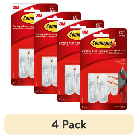 (4 pack) Command Small Hooks, White, 2 Plastic Hooks