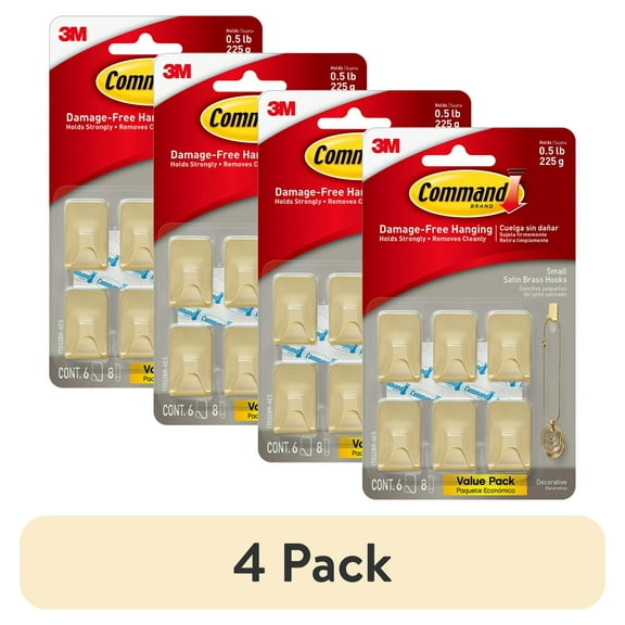(4 pack) Command Small Metallic Hooks Brass Color, 6 Hooks, 8 Strips