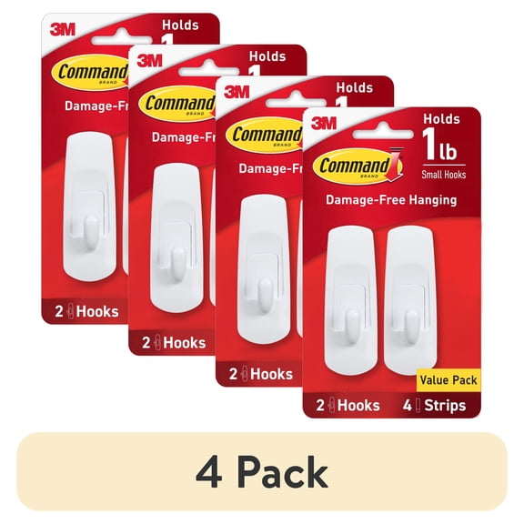(4 pack) Command Small Utility Hooks, White, Damage Free Organizing, 2 Hooks, 4 Adhesive Strips
