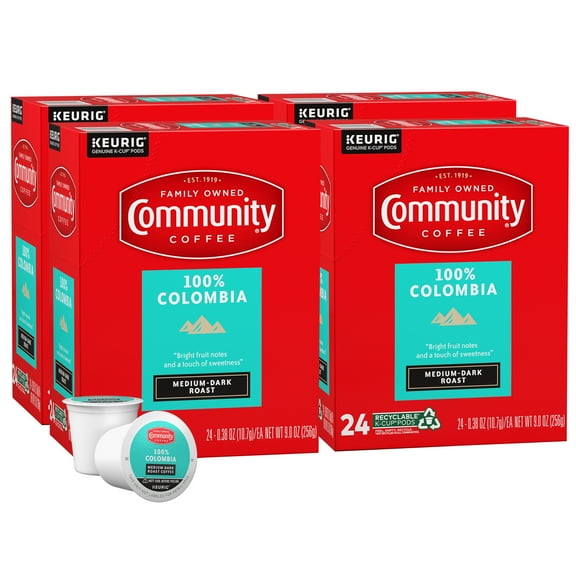 (4 pack) Community Coffee 100% Colombia Medium-Dark Roast Keurig K-Cup Pods 24 Count Box