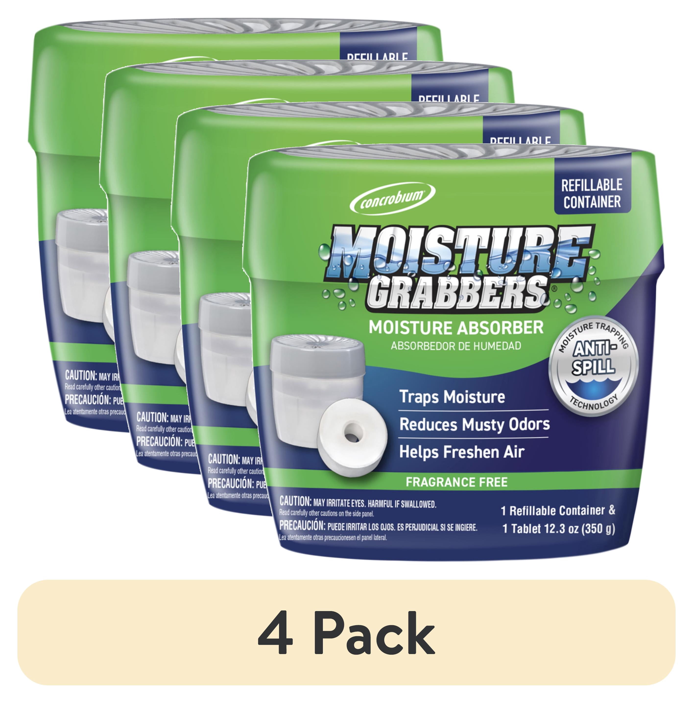 (4 pack) Concrobium Moisture Grabbers Refillable Moisture Absorber Container, Fragrance Free, 12.3 oz Tablet