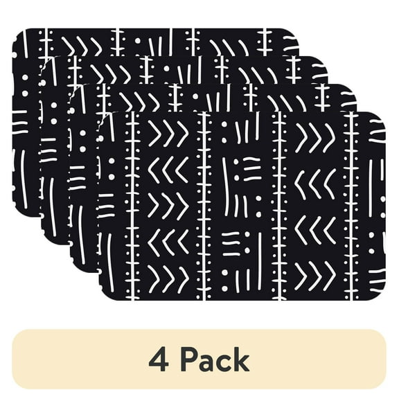 (4 pack) Conimar Tribal Texture , Reversible Black and White Placemat, 17.13" x 11.25", Individual Count, Flexible Plastic