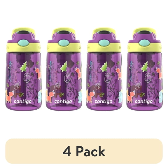 (4 pack) Contigo Kids Water Bottle with Redesigned AUTOSPOUT Straw, 14 oz, Grape Forest Haven