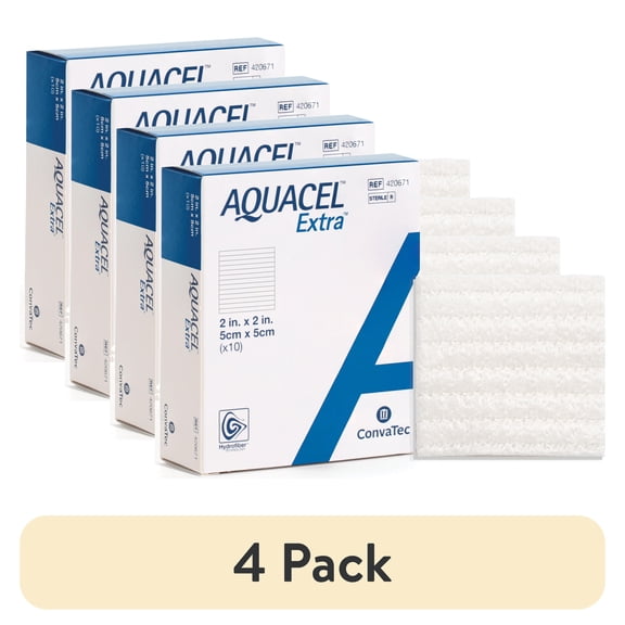(4 pack) Convatec AQUACEL Extra 2"x2" Hydrofiber Dressing for Exuding Wounds, 10ct Box, Sterile