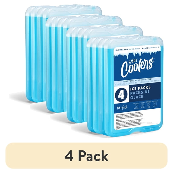 (4 pack) Cool Coolers by Fit & Fresh XL Slim Reusable Ice Packs, Space Saving Ice Packs for Lunch Boxes & Coolers, 4 Pack, Clear Blue