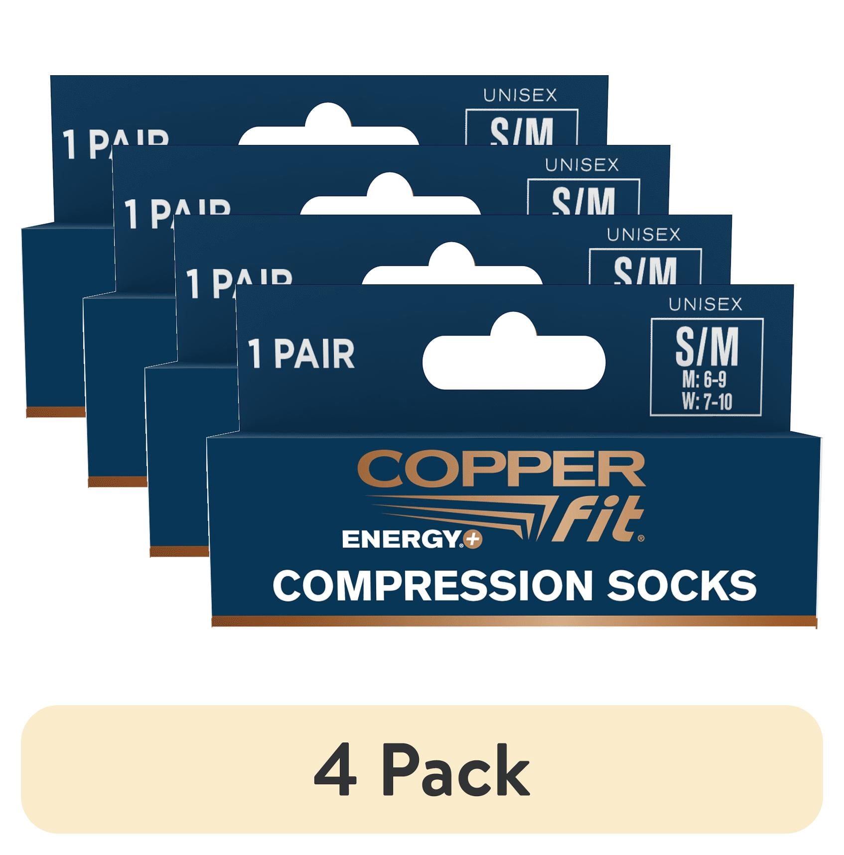 (4 pack) Copper Fit ENERGY Compression Socks, Silky-Soft, Hydration, Unisex, Black, S/M