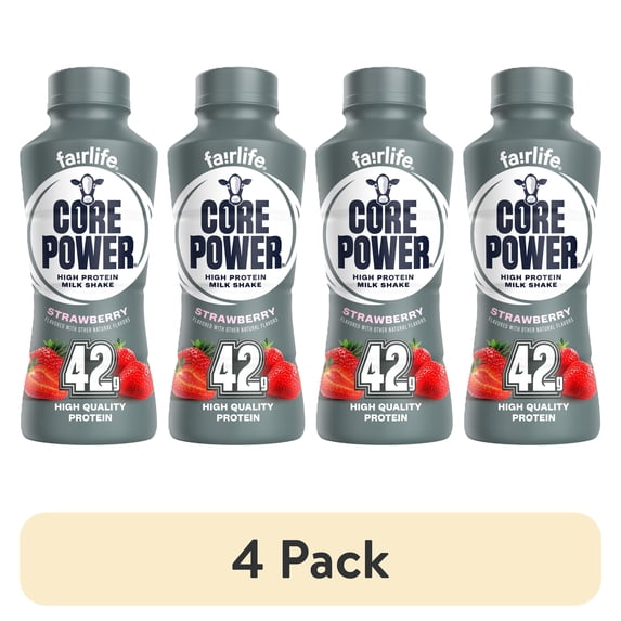 (4 pack) Core Power High Protein Shake, Strawberry, 42g Bottle, 14 fl oz