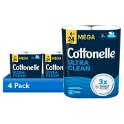 (4 pack) Cottonelle Ultra Clean Toilet Paper, Strong Toilet Tissue, 6 Mega Rolls