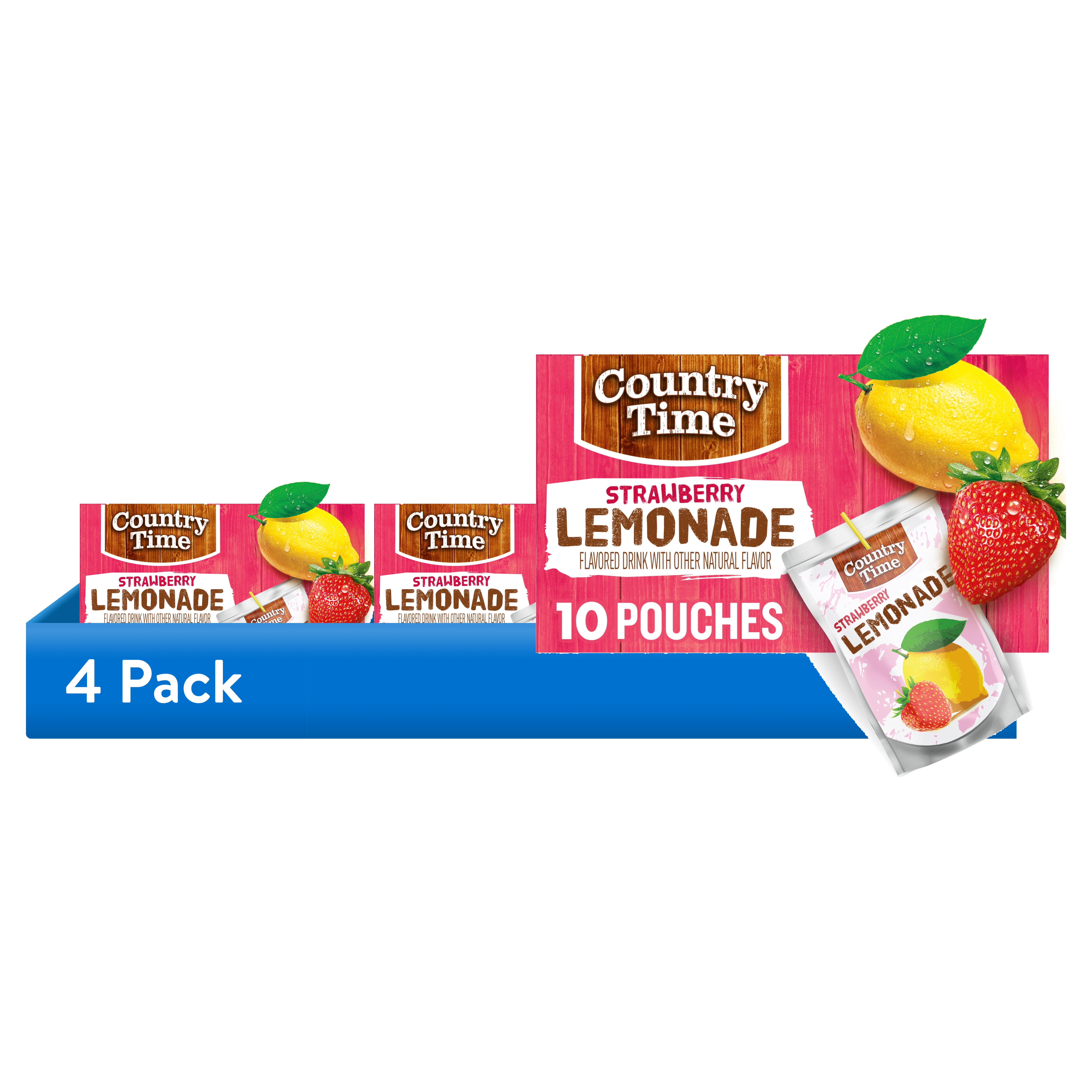 (4 pack) Country Time Ready to Drink Flavored with Other Natural Flavor Drink, 10 Pouches, for School Lunches and On-the-Go Hydration, Strawberry Lemonade, No Artificial Colors or Flavors, 6 fl oz