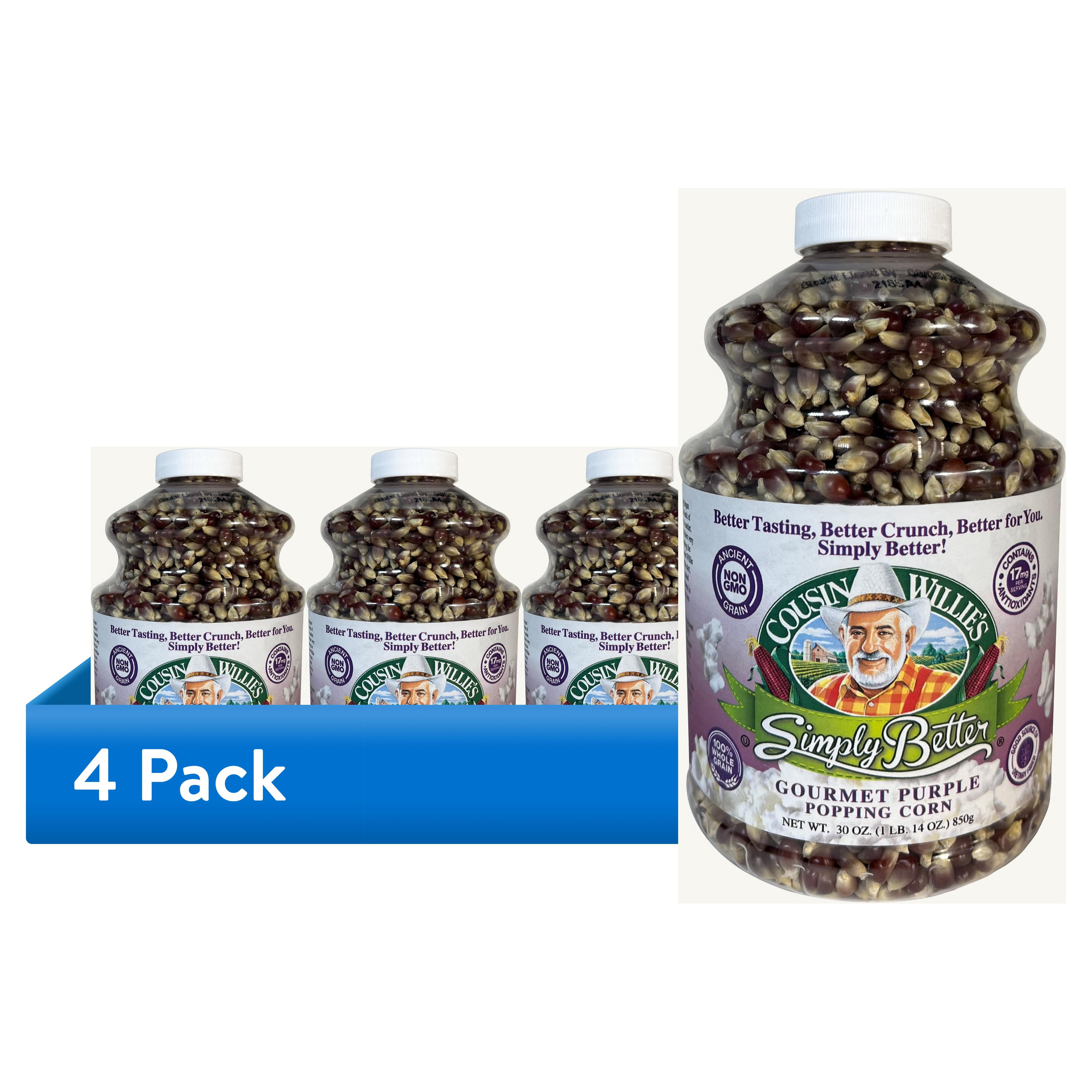 (4 pack) Cousin Willie's Purple Kernel Popcorn 30oz Jar - Kosher, Gluten Free, Non-GMO