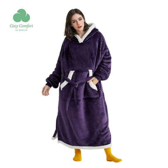 (4 pack) Cozy Comfort Standard Side Split and Belt Wearable Blanket Hoodie, Long Sherpa Fleece Blanket Sweatshirt with Warm Big Hood, Gothic Grape