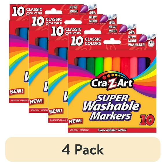 (4 pack) Cra-Z-Art Classic Multicolor Broad Line Washable Markers, 10 Count, School Supplies