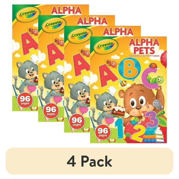 (4 pack) Crayola Alpha Pets Coloring Pages and Stickers, 96 Pgs, Number & Alphabet Coloring Book, Educational Travel Activity for Toddlers