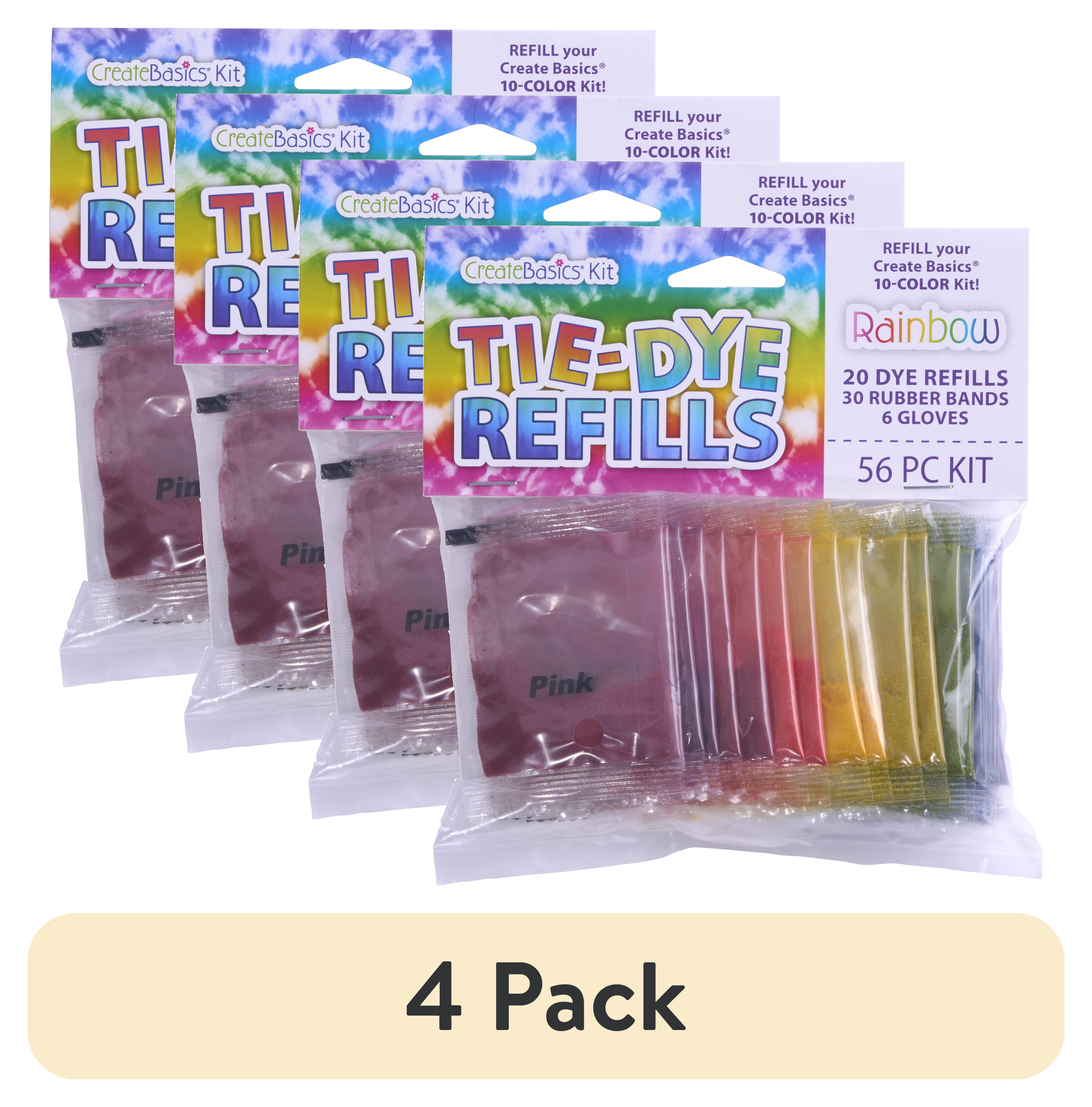 (4 pack) Create Basics Tie Dye Refill Kit 20PK Rainbow, Dye Powder, Rubber Bands, Gloves - New 56 Piece Set