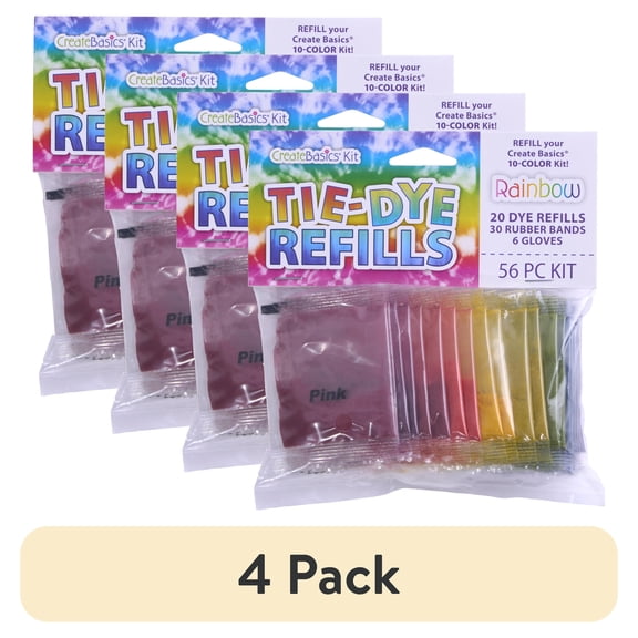 (4 pack) Create Basics Tie Dye Refill Kit 20PK Rainbow, Dye Powder, Rubber Bands, Gloves - New 56 Piece Set