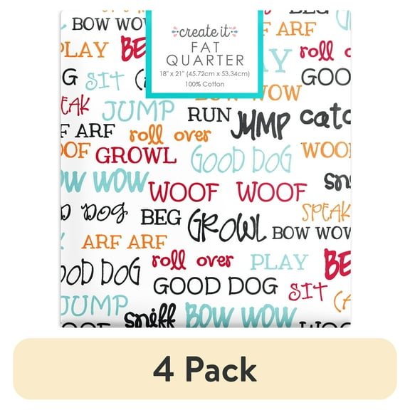 (4 pack) Create It 18"x21" 100% Cotton Dog Words Precut Sewing & Craft Fabric, White 1 Piece
