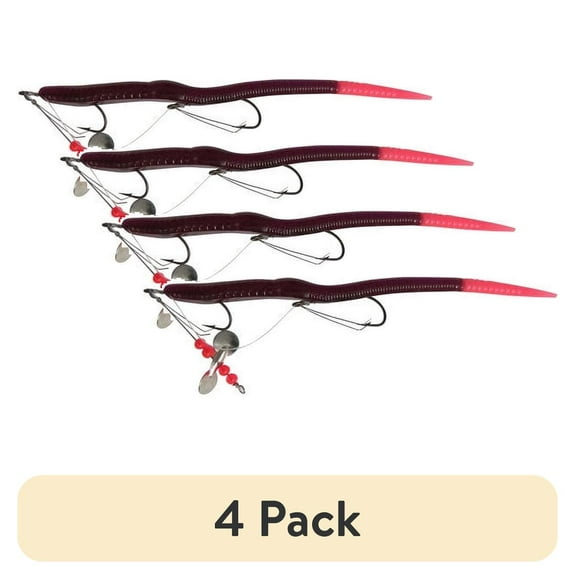 (4 pack) Creme Pre-Rigged Weedless 6" Scoundrel Worm Lure, Purple & Glow Pink