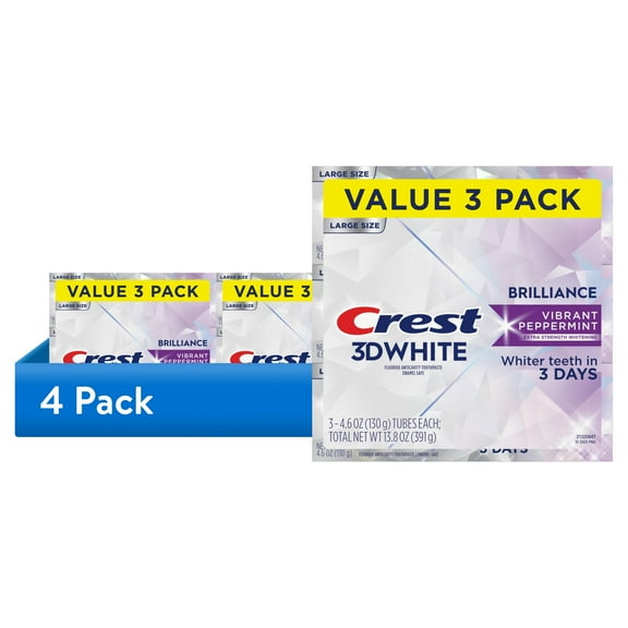 (4 pack) Crest 3D White Brilliance Vibrant Peppermint Teeth Whitening Toothpaste, 4.6 oz, Pack of 3 Tubes