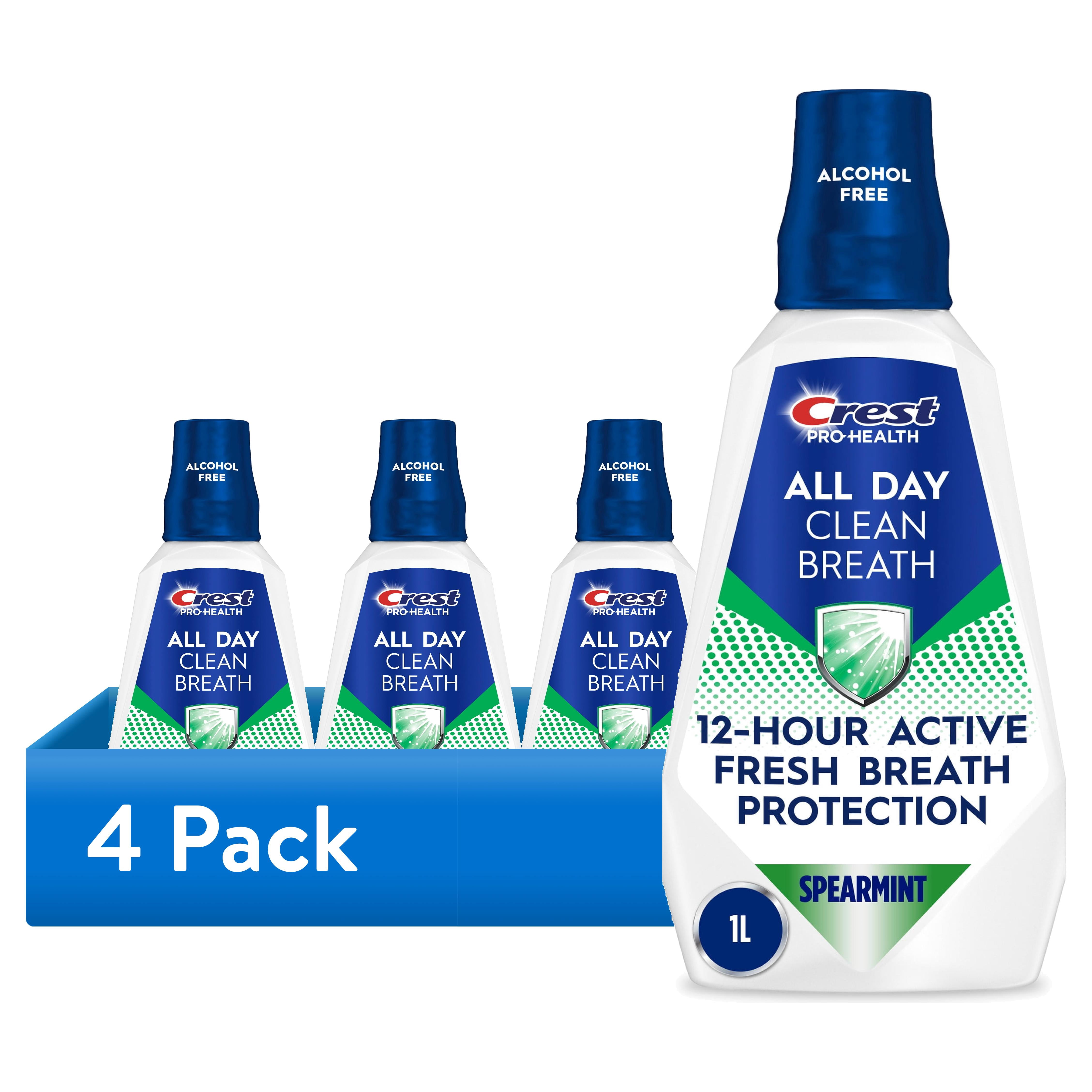 (4 pack) Crest Mouthwash Pro Health All Day Clean Breath, Fresh Breath Protection, Alcohol Free, Antigingivitis/Antiplaque, Spearmint Flavor, 1 L (33.8 fl oz)