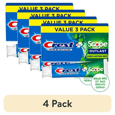 (4 pack) Crest Toothpaste, Premium Plus Scope Outlast Fluoride Toothpaste, Mint, 5.2 oz, 3 pack