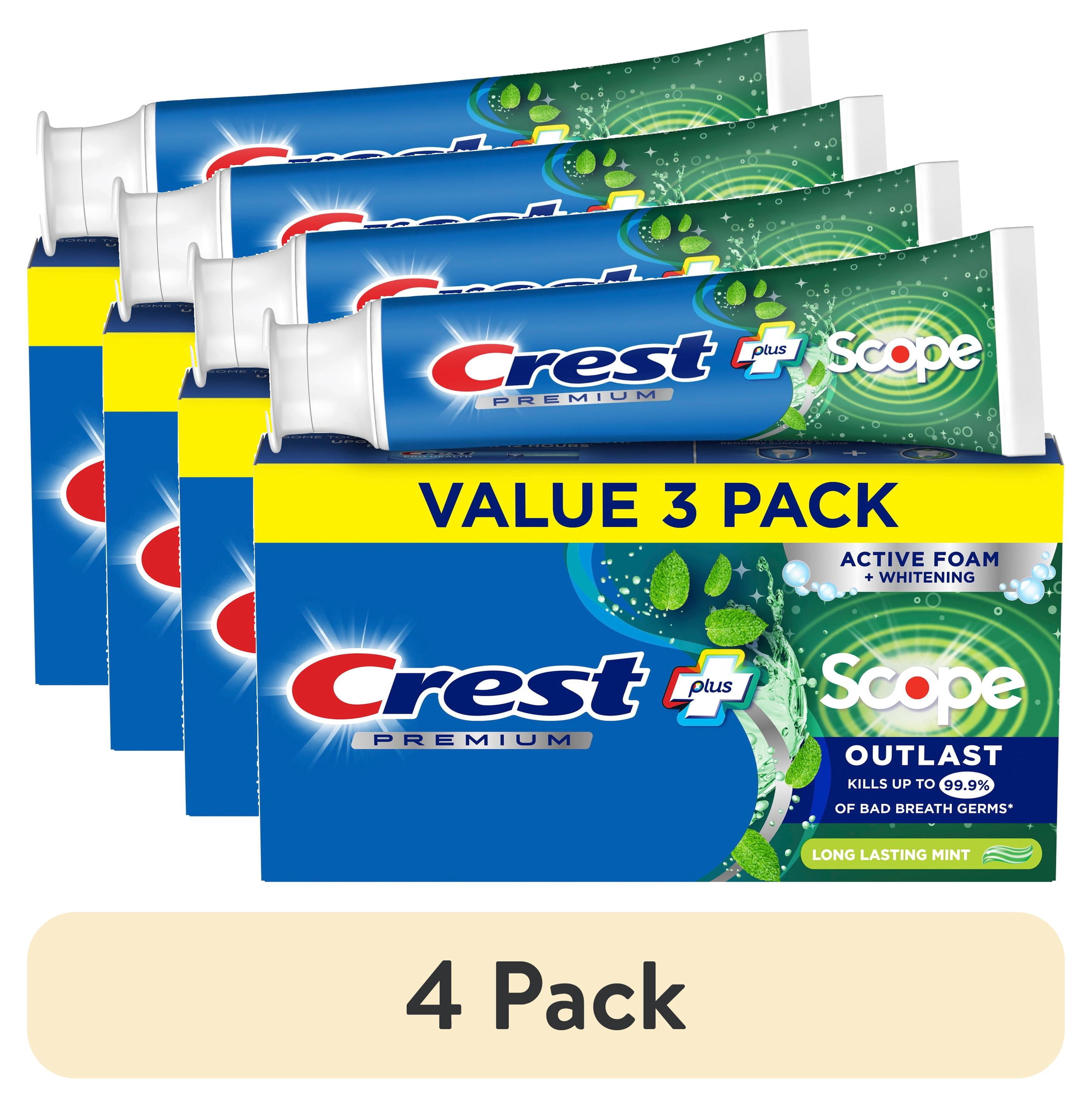 (4 pack) Crest Toothpaste, Premium Plus Scope Outlast Fluoride Toothpaste, Mint, 5.2 oz, 3 pack