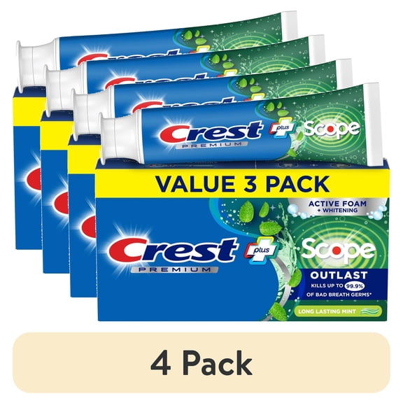 (4 pack) Crest Toothpaste, Premium Plus Scope Outlast Fluoride Toothpaste, Mint, 5.2 oz, 3 pack