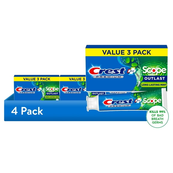 (12 pack) Crest Toothpaste, Premium Plus Scope Outlast Fluoride Toothpaste, Mint, 5.2 oz, 3 pack