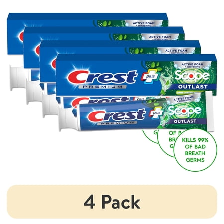 (4 pack) Crest Toothpaste, Premium Plus Scope Outlast Toothpaste, Long Lasting Mint Flavor 5.2 oz