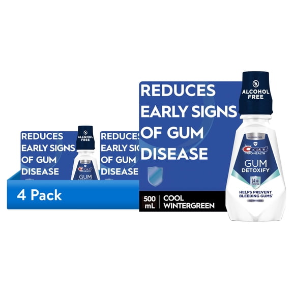 (4 pack) Crest Pro-Health Gum Detoxify Mouthwash/Mouth Rinse, Antigingivitis & Antiplaque, Neutralizes Plaque, 24 Hour Protection, Alcohol Free, Cool Wintergreen - 500mL (16.9 fl oz)
