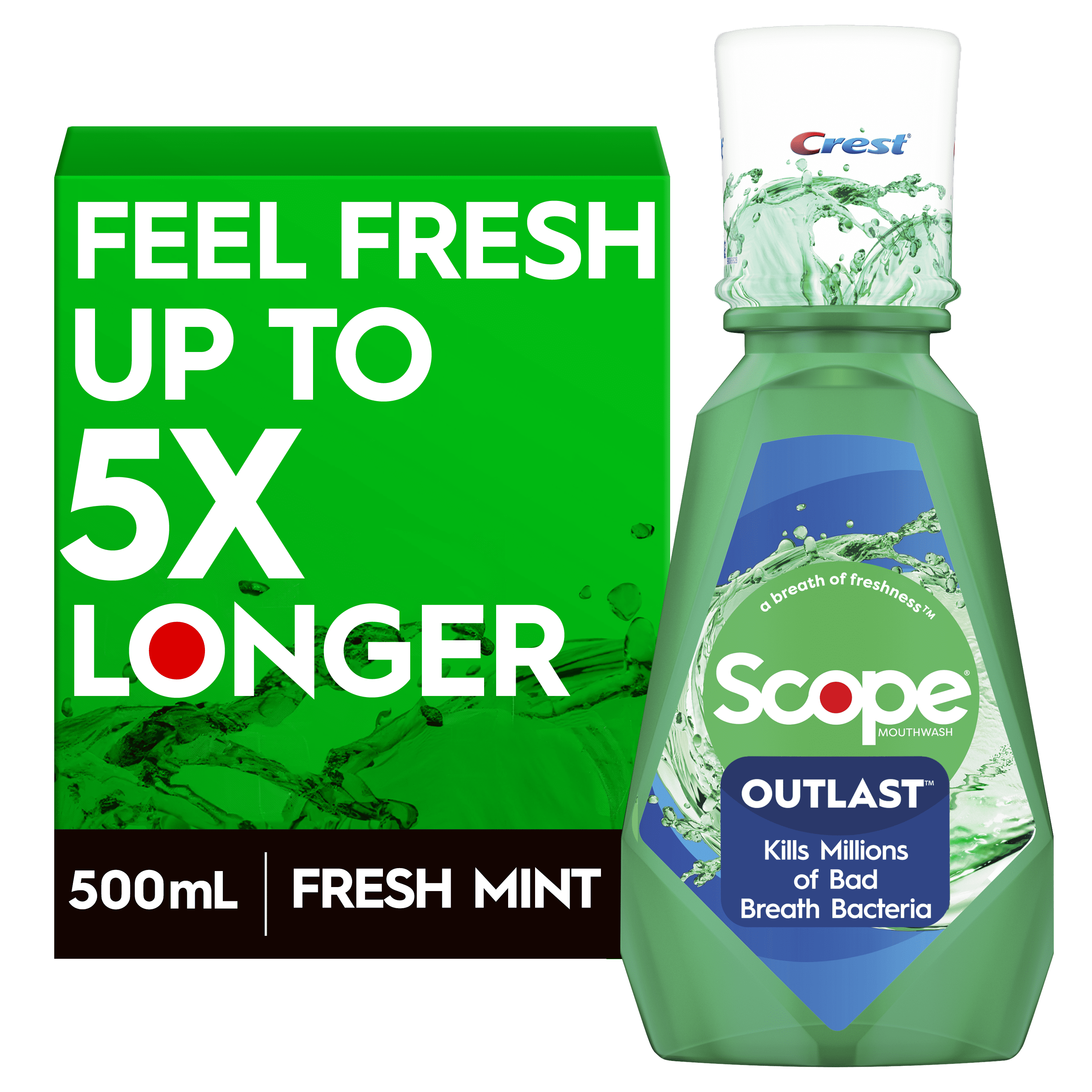 (4 pack) Crest Scope Outlast Mouthwash, Fresh Mint, 500mL, image size:3000x3000