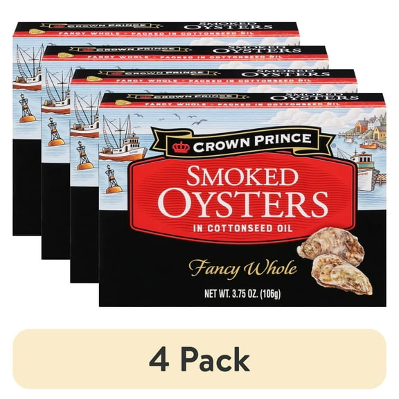 (4 pack) Crown Prince Fancy Whole Smoked Oysters in Cottonseed Oil, 3.75 oz Can