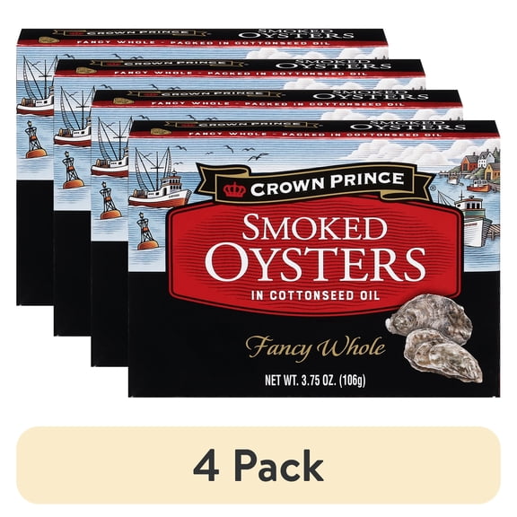 (4 pack) Crown Prince Fancy Whole Smoked Oysters in Cottonseed Oil, 3.75 oz Can