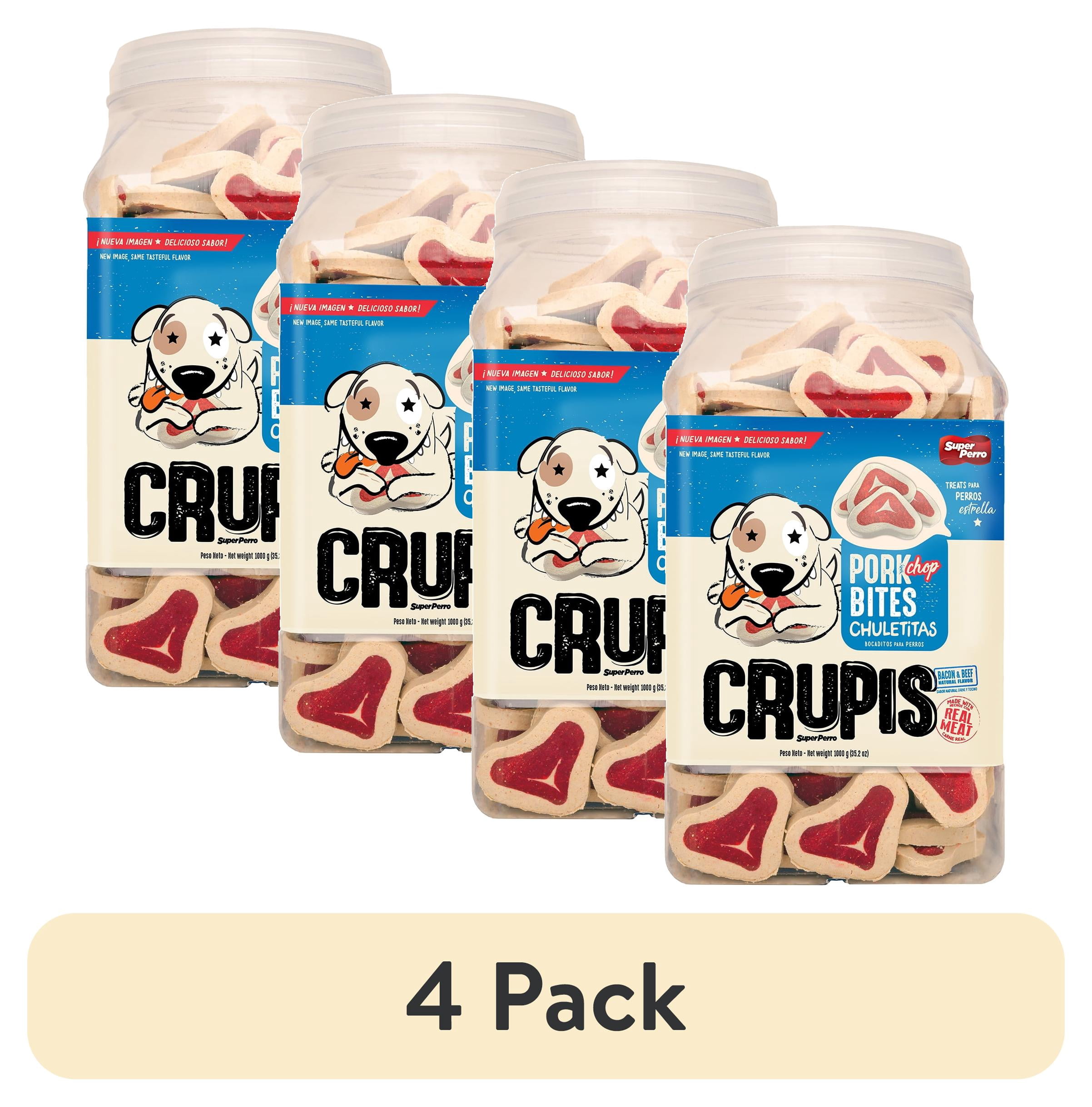 (4 pack) Crupis Dog Treats Chuleta Pork Chop Flavored For All Types of Dogs 2.2lbs Indivdual Plastic Canister