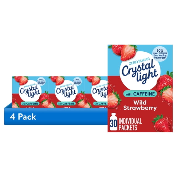 (4 pack) Crystal Light Drink Mix with Caffeine, 30 Packets, for Convenient On-the-Go Flavorful Hydration, Wild Strawberry Artificially Flavored Zero Sugar, 3.3 oz